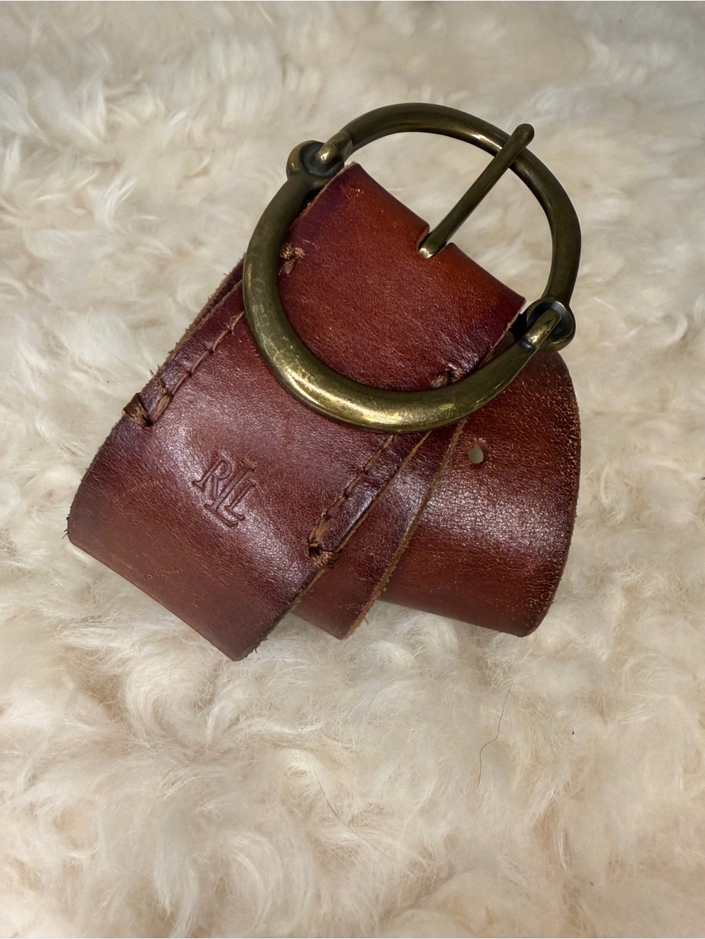 Vintage Ralph Lauren Double RL Brown Leather Belt with Brass Ring Buckle
